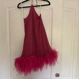 OSEREE Pink Feather Trim Halter Dress M/L
